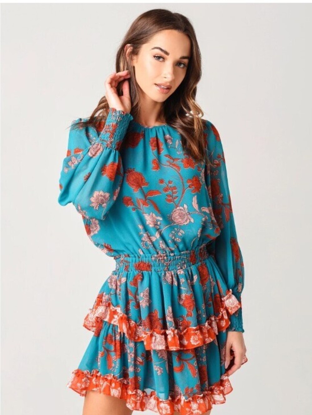 Misa Los Angeles Camila Teal Floral Paisley Tiered Mini Dress - Size - Small